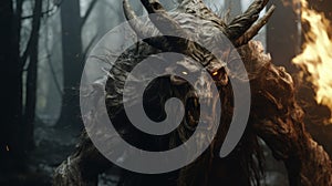 Scary Realistic Astaroth: Demon Horned Creature In Dark Woods photo