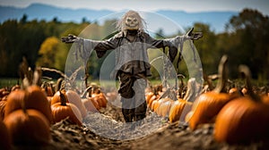 Scary scarecrow in pumpkins field