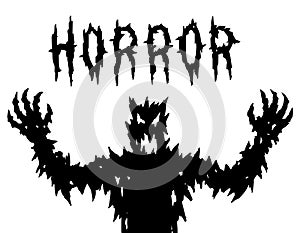 Scary silhouette with glowing eyes and mouth. Vector illustration