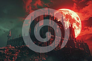 Scary sinister devil is in hell with dramatic fire lighting on the background