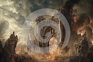 Scary sinister devil is in hell with dramatic fire lighting