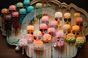 Scary skull masks made of wax or sweets. Day of the dead, Dia De Los Muertos. Generative AI