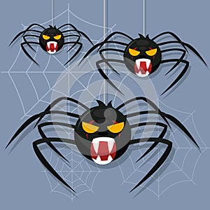 Scary spider with spider web. Spider character. Cute cartoon . Happy halloween illustration