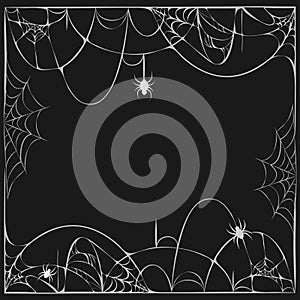 Scary spider web black background with hanging spiders. cobweb frame. Horror torn spider webs banner. Halloween flyer or