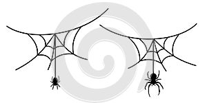 Scary spider web set isolated white background. Cobweb, black spider. Halloween horror decoration. Spooky fear spiderweb