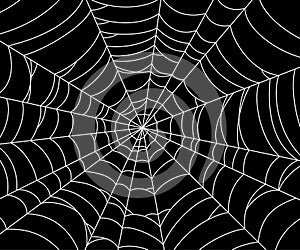 Scary spider web. White cobweb silhouette isolated on black background. Hand drawn banner with spider web for Halloween