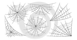 Scary spider webs. Black cobweb silhouette isolated on white background. Set of doodle spidewebs. Hand drawn cob webs