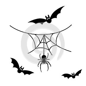 Scary spiderweb. Black cobweb, bat, hanging spider, isolated white background. Halloween horror decoration. Spooky fear