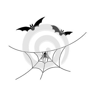 Scary spiderweb. Black cobweb, bat, spider, isolated white background. Halloween horror decoration. Spooky fear spider
