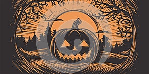 Scary spooky boo Halloween pumpkin forest poster. Traditional autumn october american holiday symbol. Graphic Art