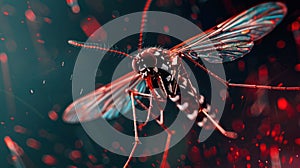 scary striped mosquito on a dark background with red drops. Mosquitoes are carriers of dengue fever, world malaria day