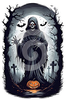 A scary theme of halloween in horor scene, pumpkin, bats, skul, moon, white background, t-shirt design, printable, fantasy