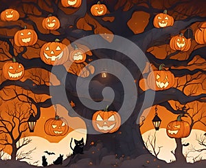 Scary tree with pumpkins for halloween.