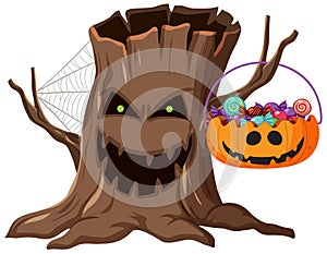 A scary tree stump holding candy basket on white background