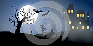 Scary vector haloween landscape with a haunted house, a graveyard and flying bats in full moon.