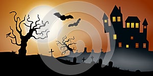 Scary vector haloween landscape with a haunted house, a graveyard and flying bats in full moon.