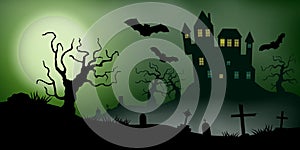 Scary vector haloween landscape with a haunted house, a graveyard and flying bats in full moon