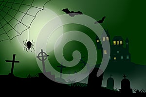 Scary vector haloween landscape with a haunted house, a graveyard and a spider in full moon.