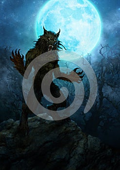 Scary werewolf with full moon - digital illustration