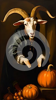 Scary white goat with huge horns and pumpkins