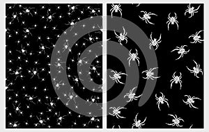 Scary White Spiders Vector Patterns. Creepy Halloween Illustrations.