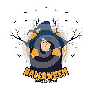 Scary witch girl with black cloak and angry expression on halloween concept illustration