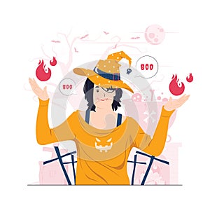 Scary witch girl with stitched mouth and fireball on Halloween concept illustration