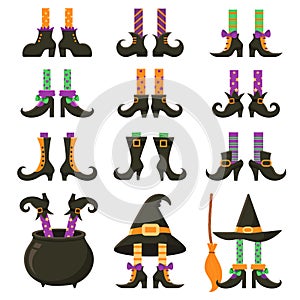 Scary witch legs. Halloween witches leg stockings and striped dress. Vintage witchcraft cauldron and feet boots cartoon