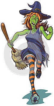 Scary Witch Running with Broom Cartoon Illustration