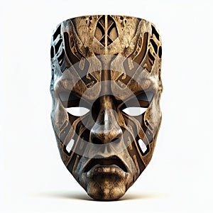 Scary wooden ritual african mask isolated on white close-up