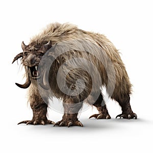 Scary Woolly Mammoth With Heavy Horns - 3d Bunyip On White Isolated Background