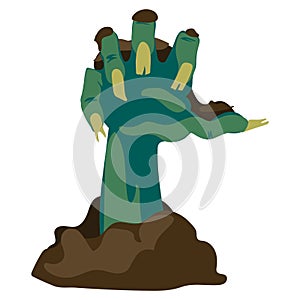 Scary zombie hand crawling out of the ground on a white background, Halloween holiday - vector illustration. A green