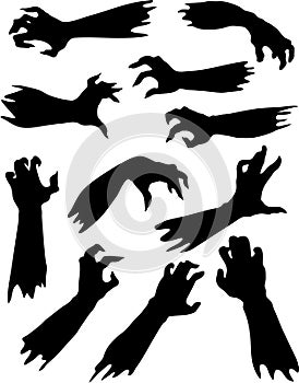 Scary zombie hands silhouettes set.