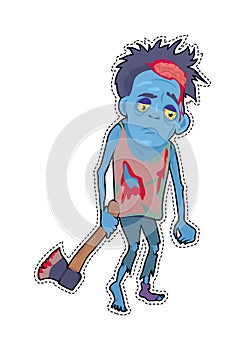 Scary Zombie Man Walking with Ax Flat Vector photo