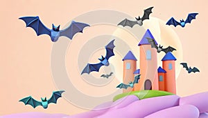 Scary zombies bats fly out of castle, AI generated