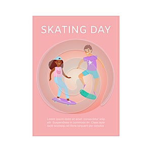 Scating day poster with teenager boy and girl skating on skateboard pink vector illustration.