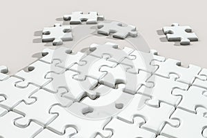 Scattered blank puzzles with white background, 3d rendering