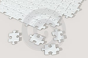 Scattered blank puzzles with white background, 3d rendering