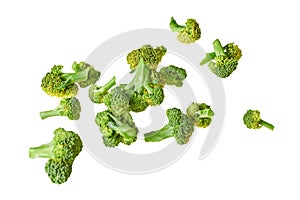 Scattered branches of fresh green broccoli isolated on white background without shadow