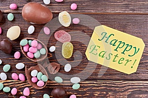 Scattered candies and Easter card.