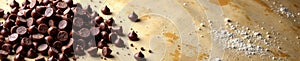 Scattered chocolate chips on baking surface, overhead , brown, background