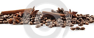 Scattered coffee beans in line on white