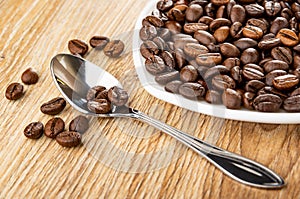 Scattered coffee beans, spoon, roasted coffee beans in saucer on wooden table
