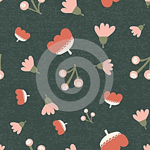 Scattered fall flowers berries seamless vector background. Abstract fall pattern pink orange green. Repeating texture