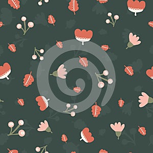 Scattered flowers leaves berries seamless vector background. Abstract nature pattern pink red orange black. Repeating