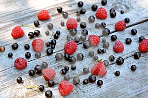 Scattered, fragrant, homegrown, ripe blackcurrant and big raspberry on wooden texture - summer pleasure