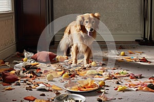 scattered garbage on floor, chewed up by dog