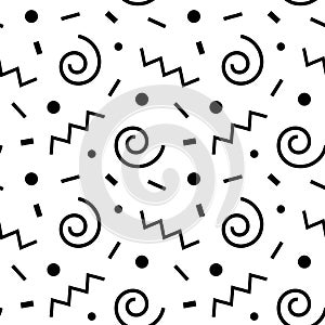 Scattered Geometric Line Shapes. Abstract Background Design. Vector Seamless Black and White Pattern.