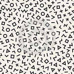 Scattered Geometric Line Shapes. Abstract Background Design. Vector Seamless Black and White Pattern.