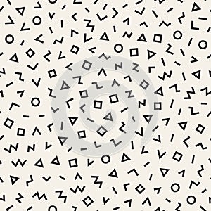 Scattered Geometric Line Shapes. Abstract Background Design. Vector Seamless Black and White Pattern.